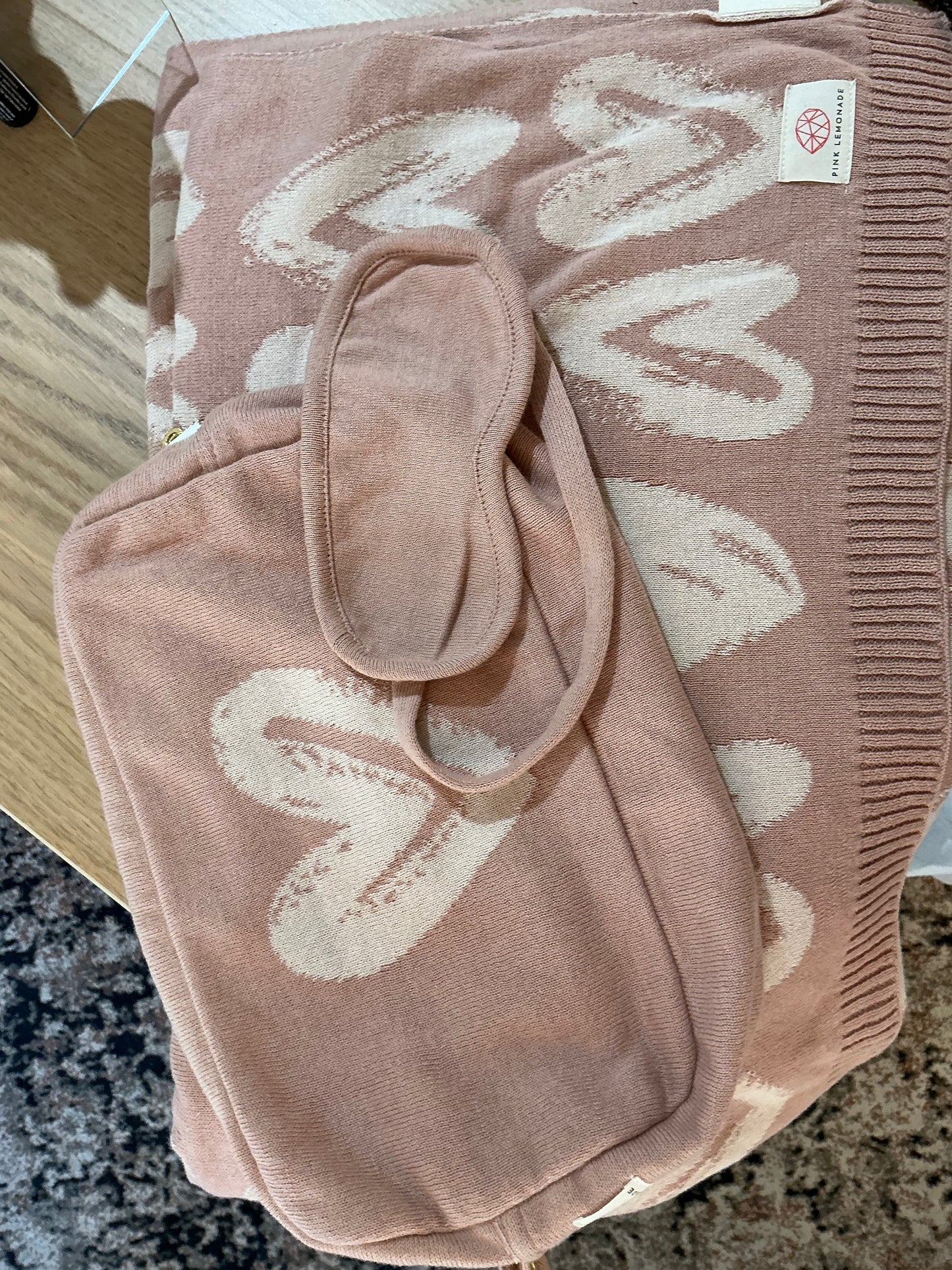 Pink Lemonade Dual Travel Organic Cotton Travel Blanket & Eye Mask Pale Pink Heart