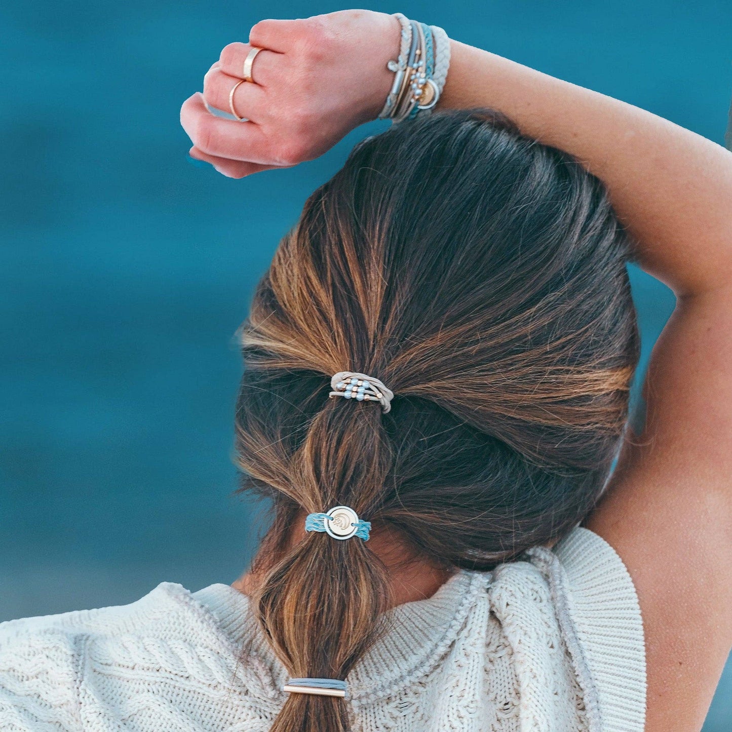 "Wonder" Soft Creams & Blues with Pearls & Gold Hair Tie Bracelets: Medium