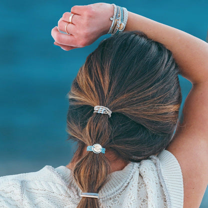"Wonder" Soft Creams & Blues with Pearls & Gold Hair Tie Bracelets: Medium
