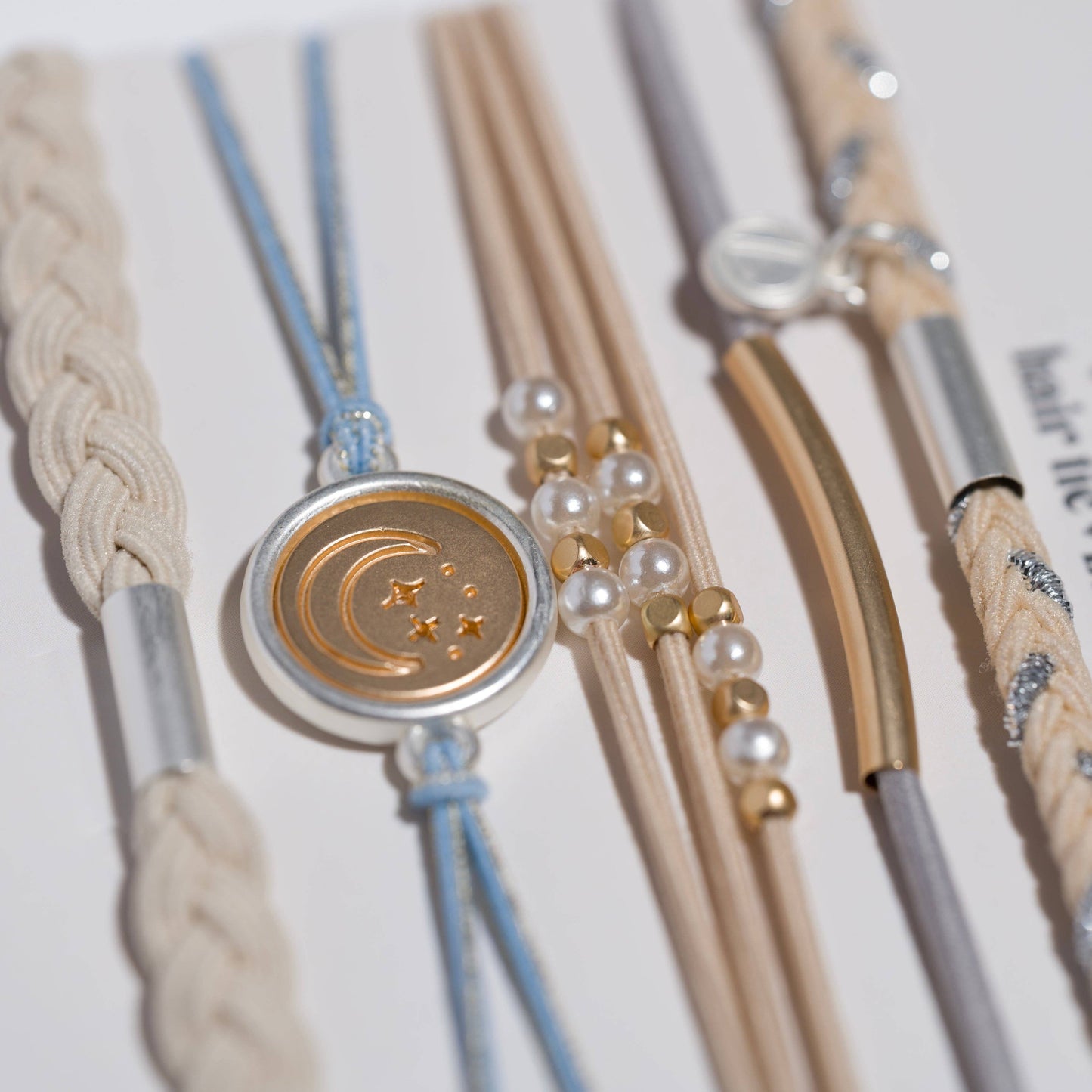 "Wonder" Soft Creams & Blues with Pearls & Gold Hair Tie Bracelets: Large
