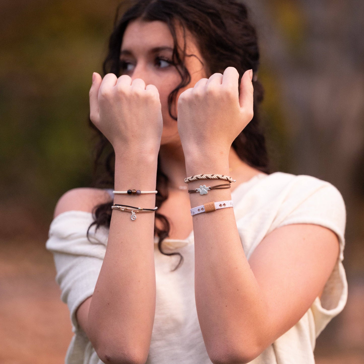 "Paws" Natural Hues with Silver & Paw Accents Hair Tie Bracelet: Large