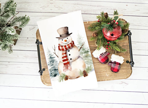 Christmas Watercolor Snowman with Pine Trees Kitchen Towel