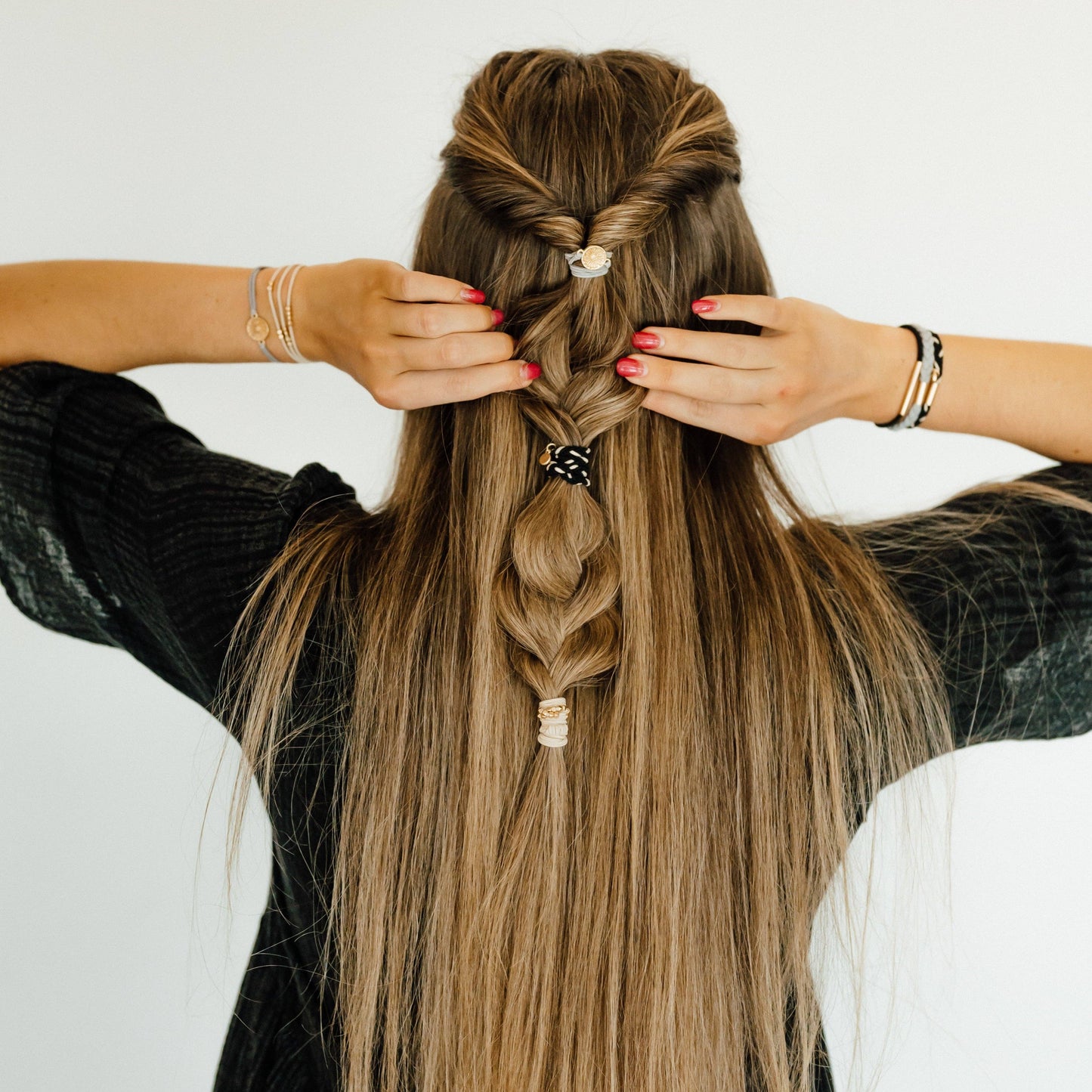 "Inspire" Grey & Black with Gold Flower Accent Hair Tie Bracelets: Medium