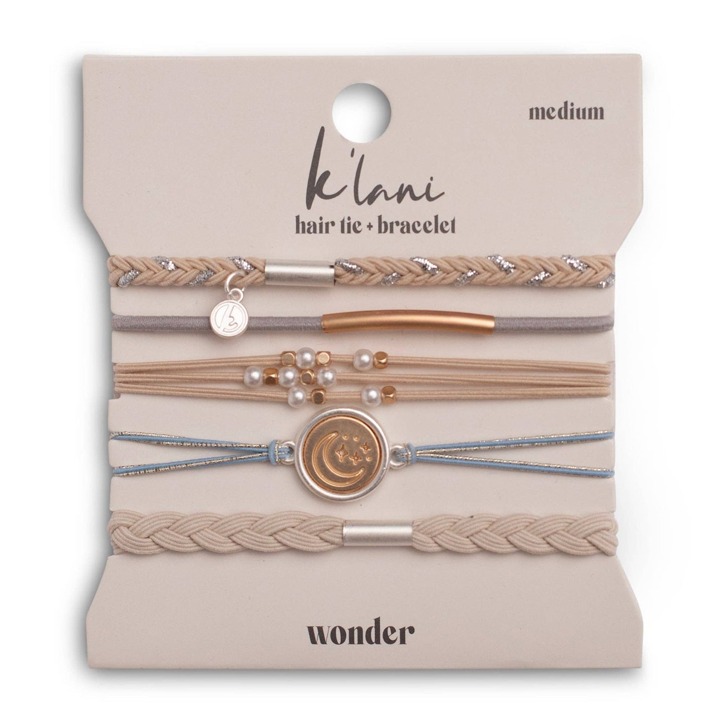 "Wonder" Soft Creams & Blues with Pearls & Gold Hair Tie Bracelets: Large