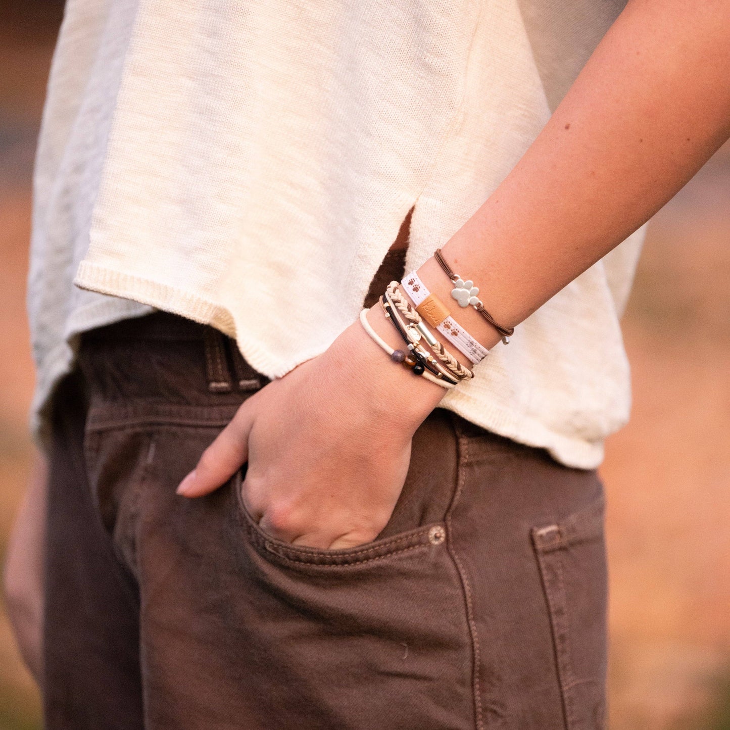 "Paws" Natural Hues with Silver & Paw Accents Hair Tie Bracelet: Large
