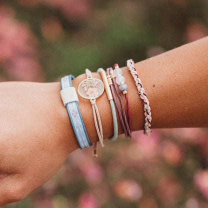 "Bloom" Maroon & Pink with Pressed Flowers Hair Tie Bracelets: Large
