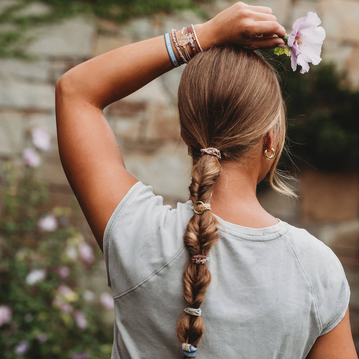 "Bloom" Maroon & Pink with Pressed Flowers Hair Tie Bracelets: Medium