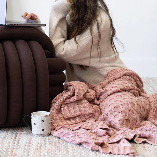 Pink Lemonade Washed Curvy Cotton Knit Throw Blanket Pink