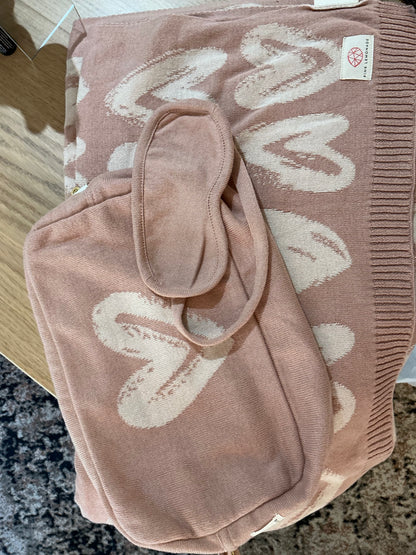 Pink Lemonade Dual Travel Organic Cotton Travel Blanket & Eye Mask Pale Pink Heart
