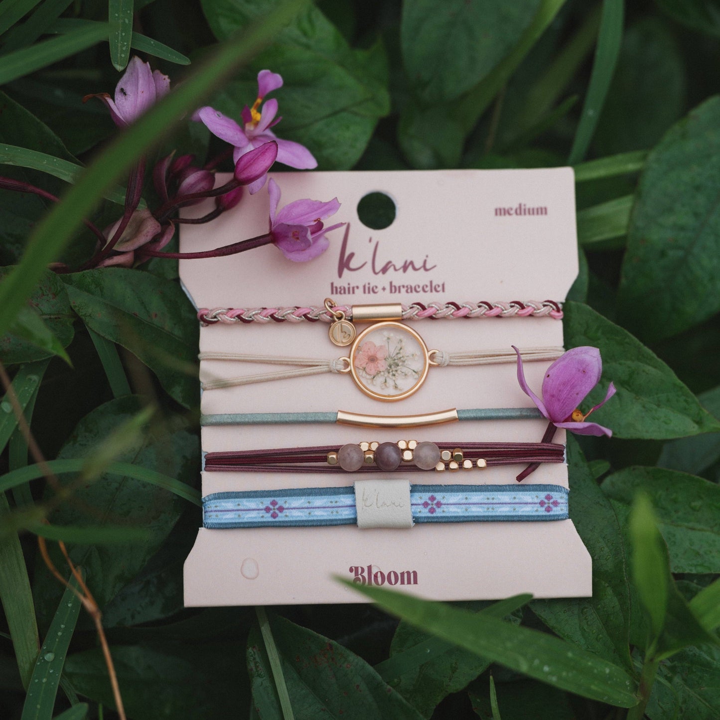 "Bloom" Maroon & Pink with Pressed Flowers Hair Tie Bracelets: Large