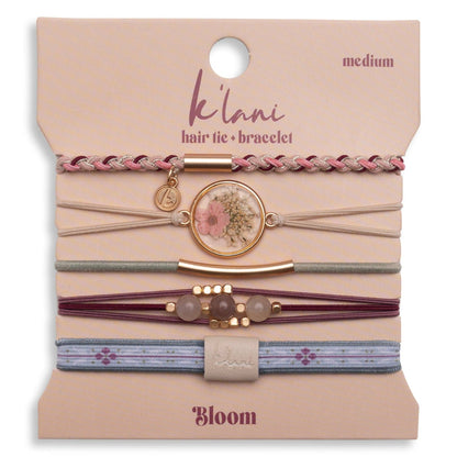 "Bloom" Maroon & Pink with Pressed Flowers Hair Tie Bracelets: Large