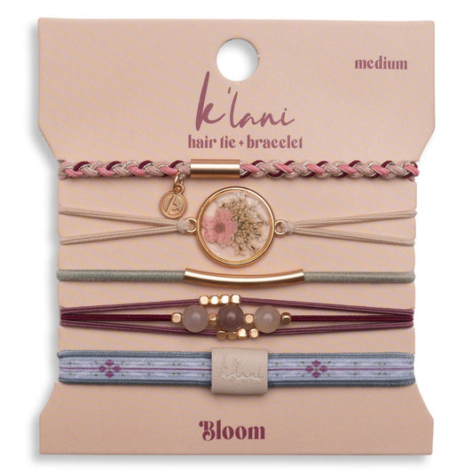 "Bloom" Maroon & Pink with Pressed Flowers Hair Tie Bracelets: Large