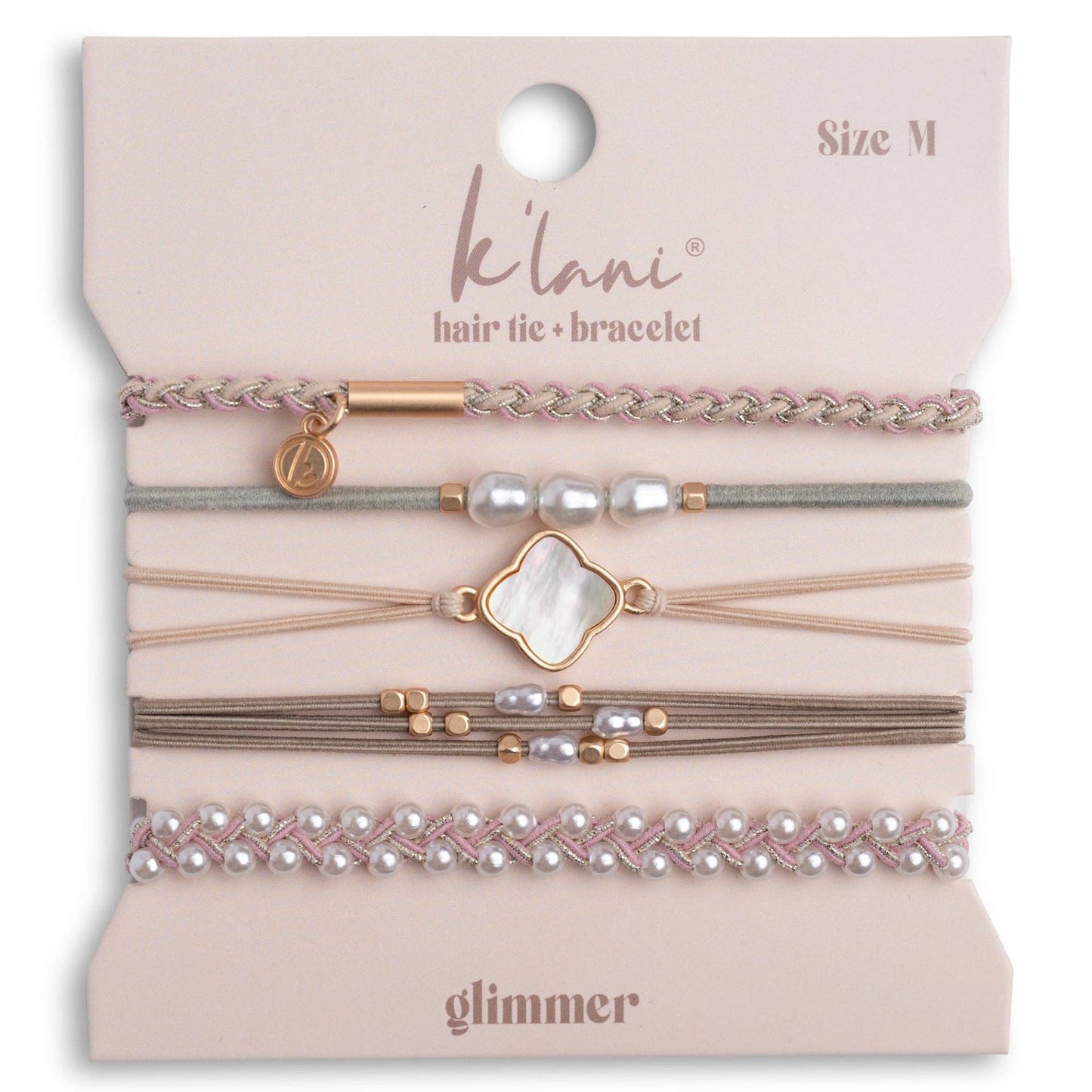"Glimmer" Soft Pinks with Pearl & Gold Accent Hair Tie Bracelets: Medium
