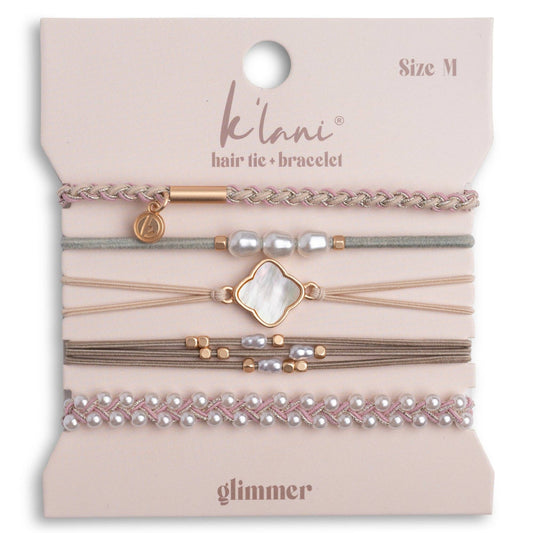 "Glimmer" Soft Pinks with Pearl & Gold Accent Hair Tie Bracelets: Medium