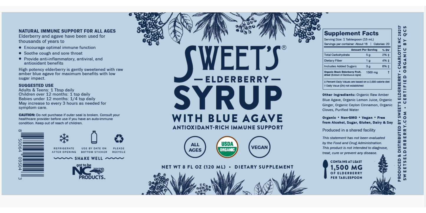 Sweet’s Elderberry Syrup with Blue Agave  (SHELF STABLE) - 8 oz