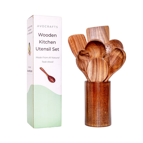 Avocrafts 7 Piece Wooden Kitchen Utensils: Yes Add Holder!