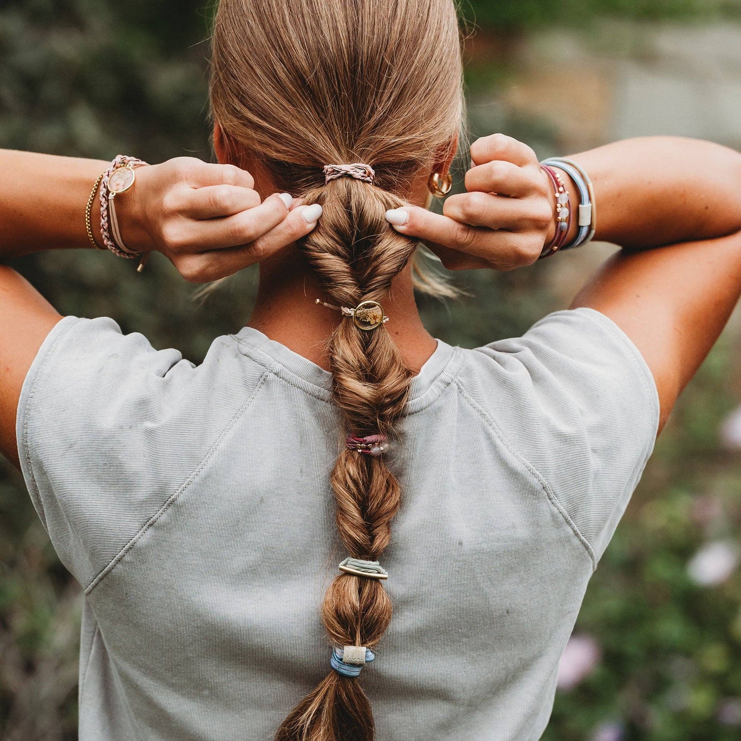 "Bloom" Maroon & Pink with Pressed Flowers Hair Tie Bracelets: Medium