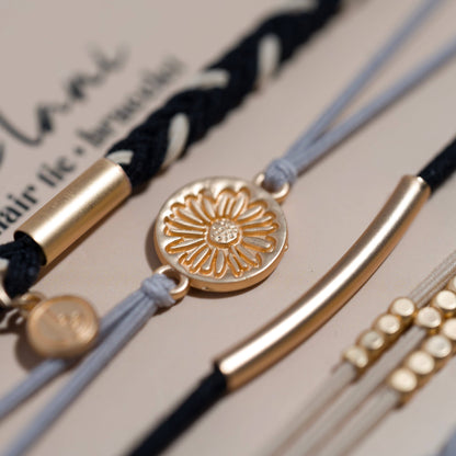"Inspire" Grey & Black with Gold Flower Accent Hair Tie Bracelets: Medium