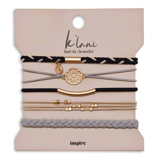 "Inspire" Grey & Black with Gold Flower Accent Hair Tie Bracelets: Medium
