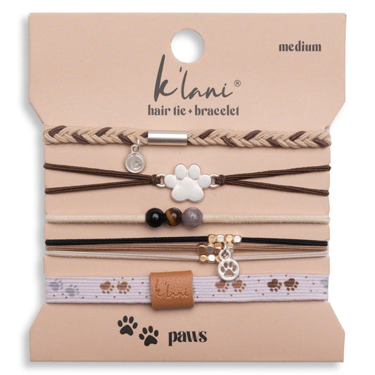 "Paws" Natural Hues with Silver & Paw Accents Hair Tie Bracelet: Medium