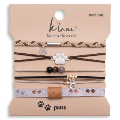 "Paws" Natural Hues with Silver & Paw Accents Hair Tie Bracelet: Large
